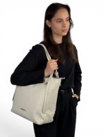 Skórzana torebka shopper LADUELLA pojemna mieści A4 jasny beż (ecru)