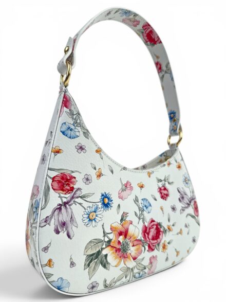 Elegancka włoska torebka skórzana bagietka na ramię biała w kolorowe kwiaty