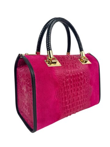 LADUELLA torebka skórzana kuferek bochonek zamsz pleciona rączka fuksja
