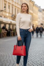 LADUELLA torebka damska skórzana kuferek wizytowa włoska sztywna czerwona