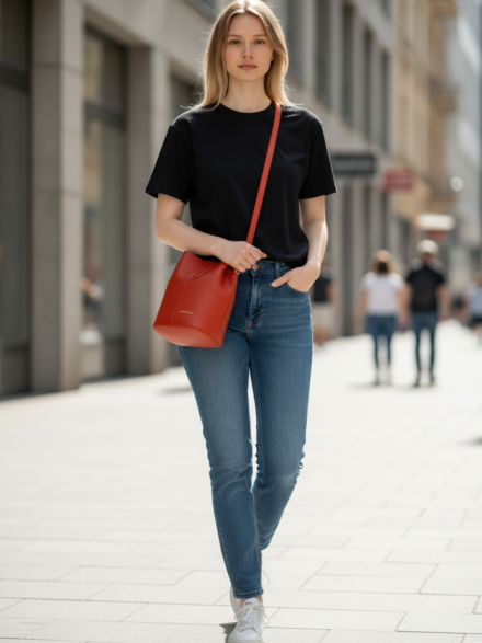 Torebka damska skórzana worek (bucket bag) LADUELLA czerwono-pomarańczowa