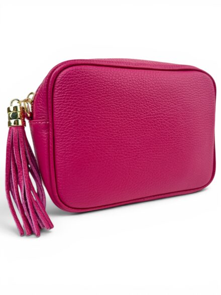 Skórzana torebka damska mała listonoszka crossbody włoska różowa fuksja